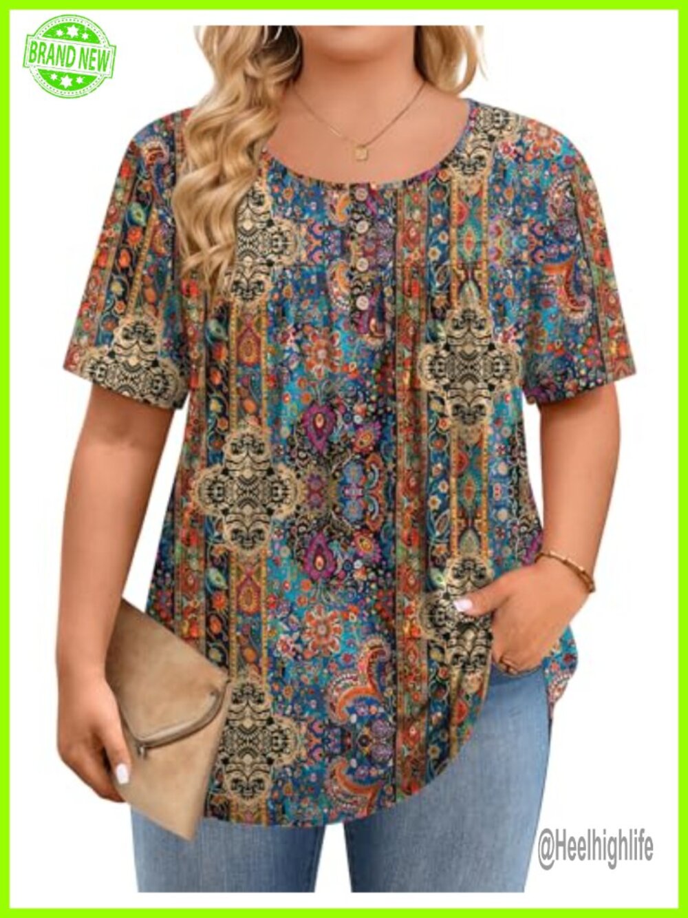 Plus Size Tunic Top Short Sleeve Floral Button Loose Fit Casual Womens